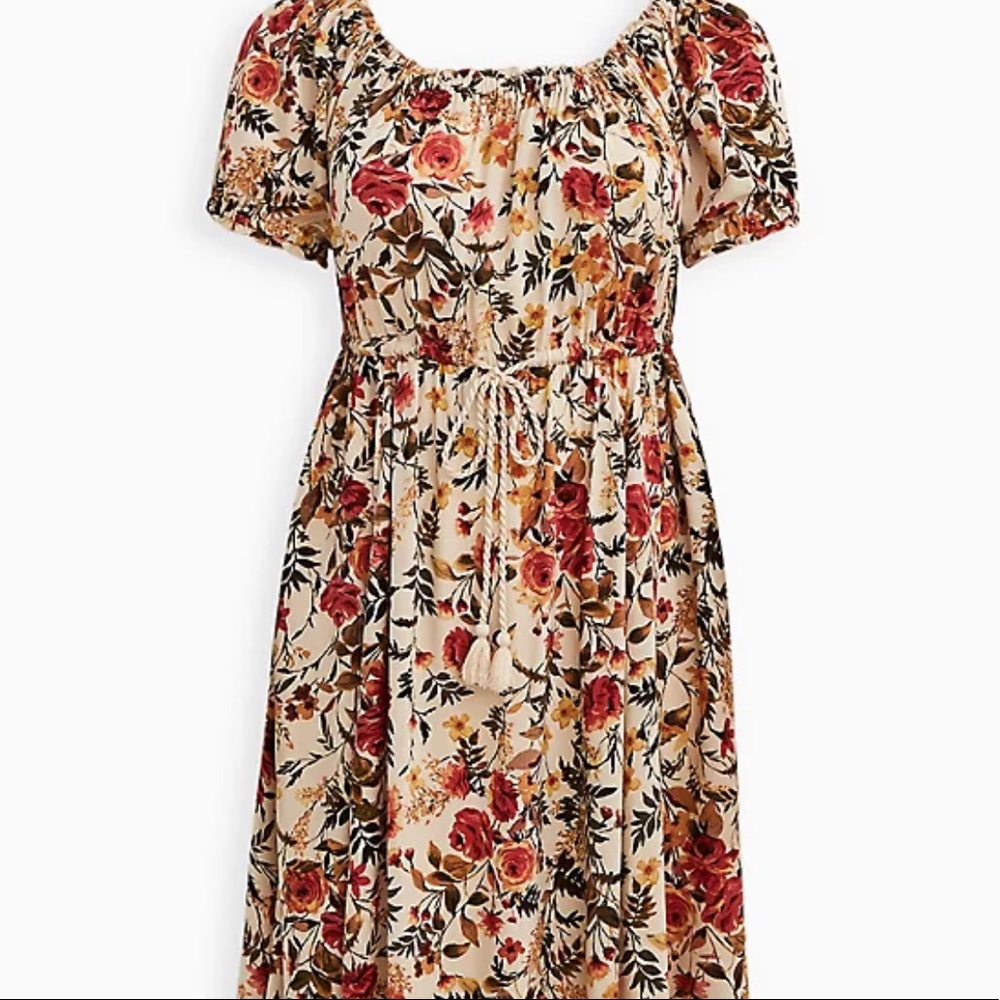 TORRID SKATER MIDI DRESS - CHALLIS PEASANT FLORAL CREAM